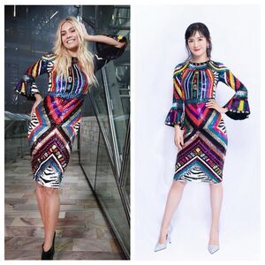 ALICE + OLIVIA Jae Rainbow Multicolor Sequin Mini Dress Gown Flare Sleeves Sz 4